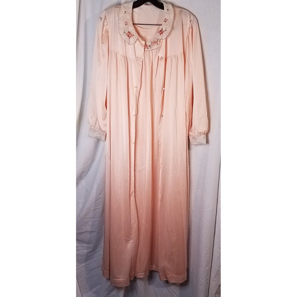 Vintage 70/80's Lorraine Gown & Robe Set Size L Peach Satin Lace
